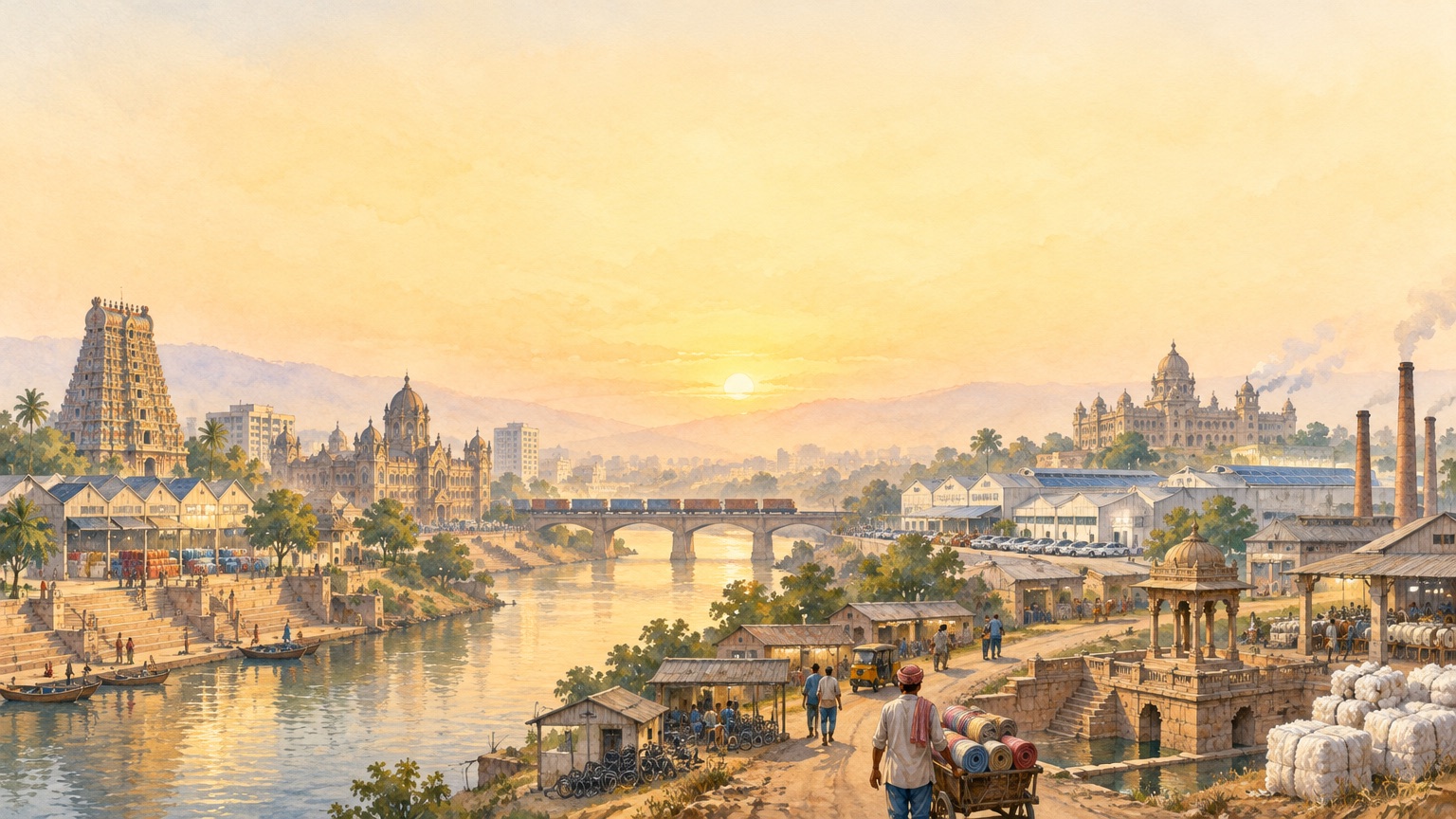 Painting of India at sunrise, from heritage to industry: a temple gopuram, riverside ghats, an old stone bridge and factories with chimneys