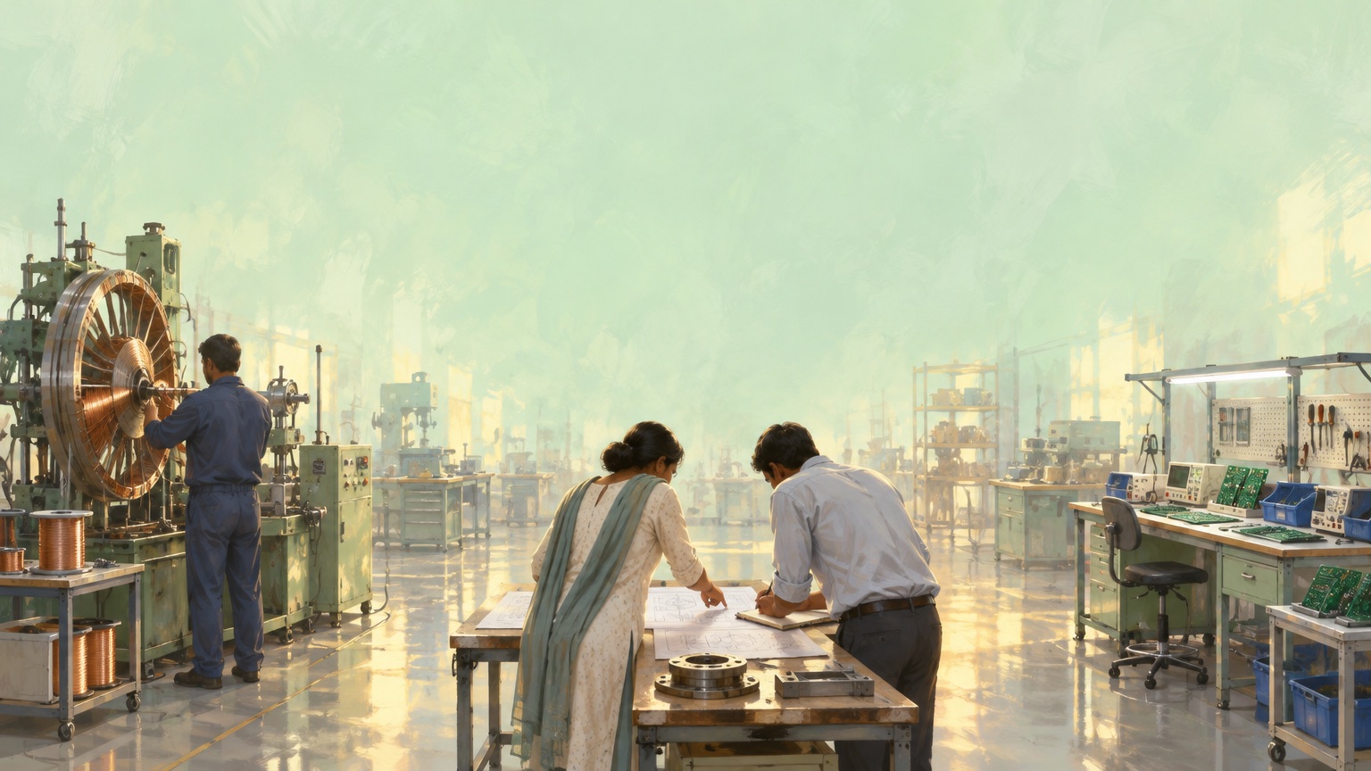 Painting of an Indian workshop: a worker at a copper coil-winding machine, two people planning over a drawing, an electronics test bench