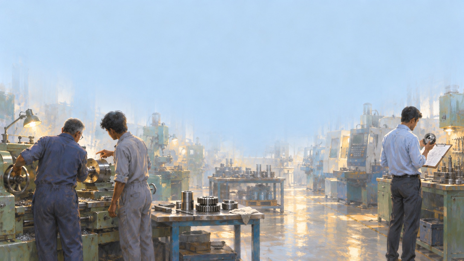 Painting of an Indian engineering machine shop: machinists at a lathe, a table of machined gears, an engineer checking a part against a clipboard