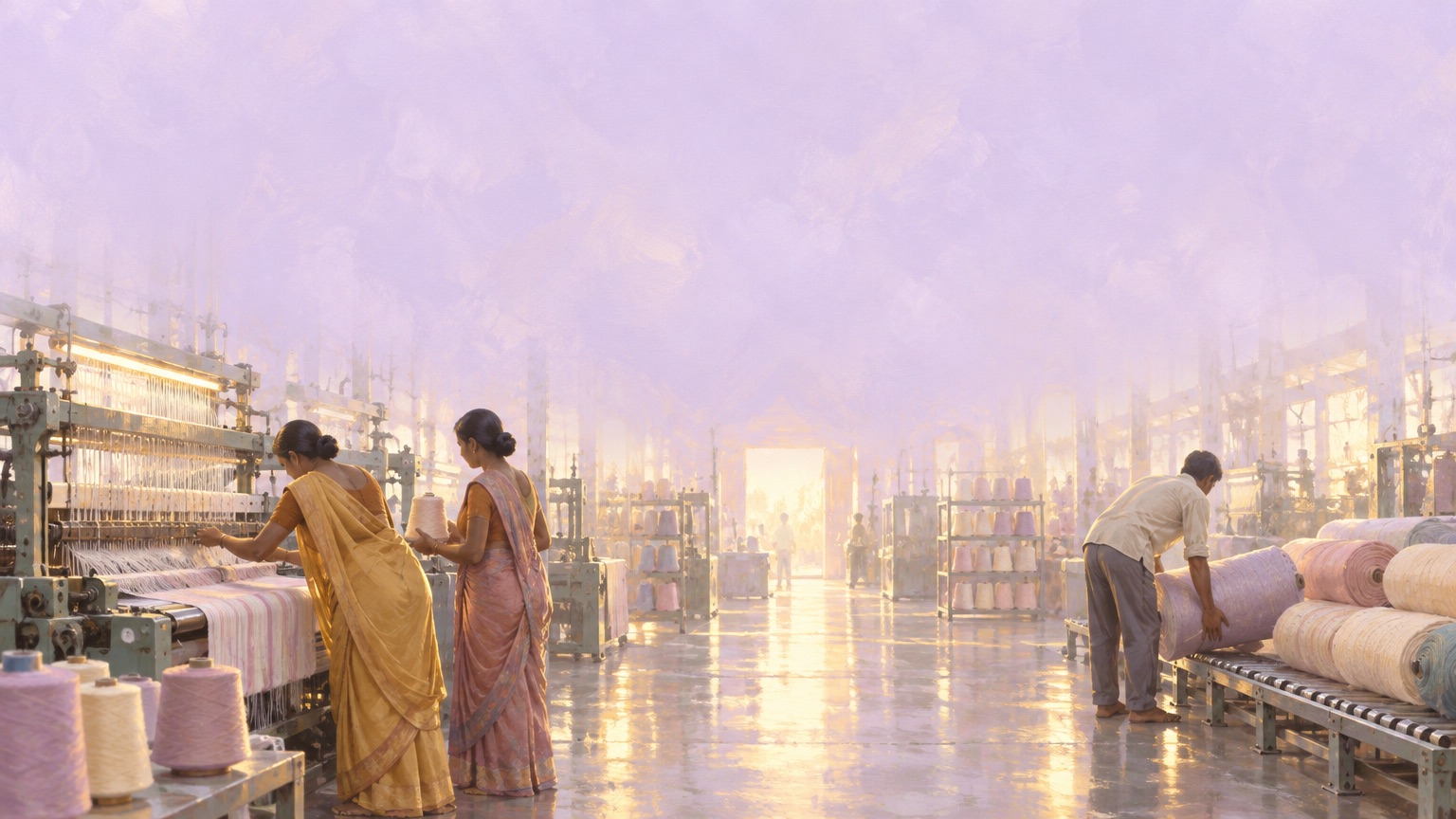 Painting of an Indian textile weaving shed: two women in sarees at a power loom with cones of yarn, a man lifting fabric rolls onto a conveyor