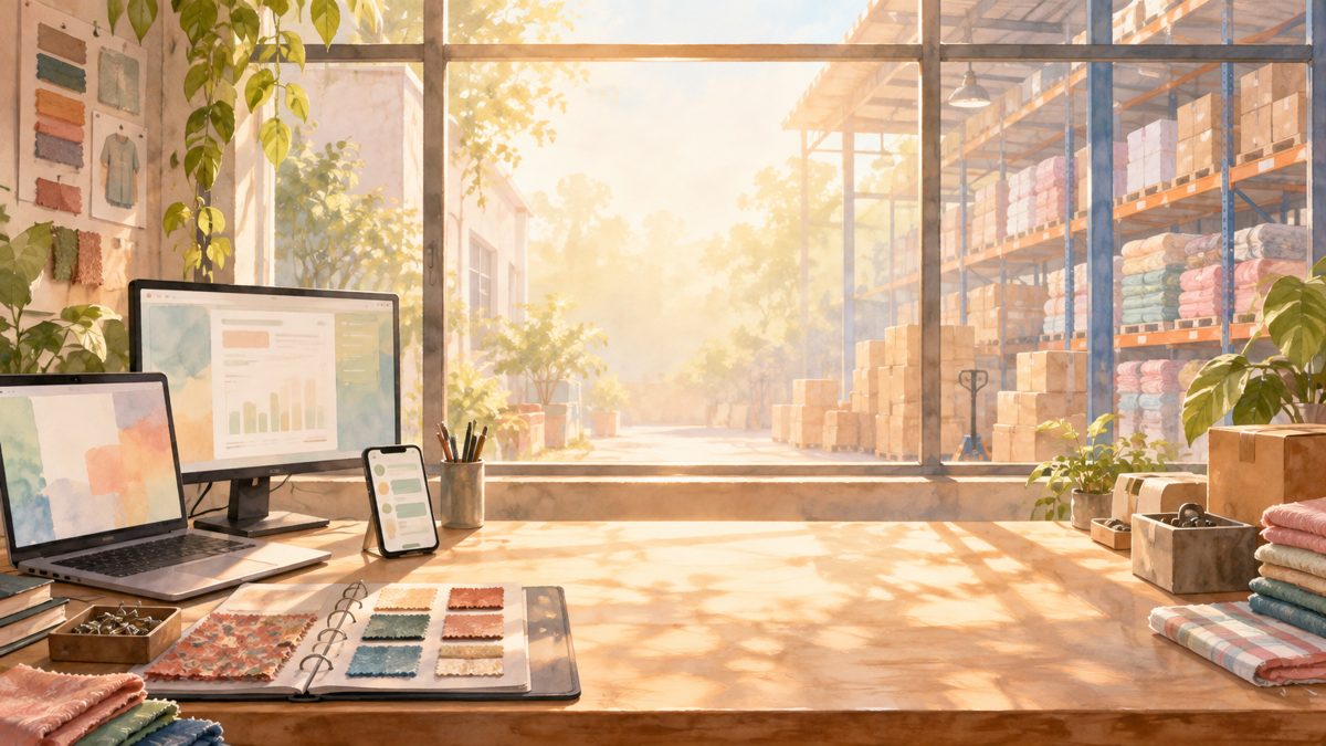 Painting of a laptop, monitor, phone and product catalogue on a workbench by racks of stock