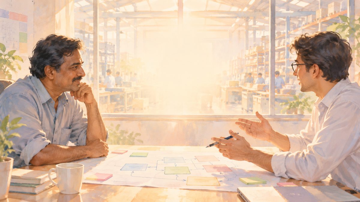 Painting of a factory owner and a consultant planning a flow together on a large sheet of paper