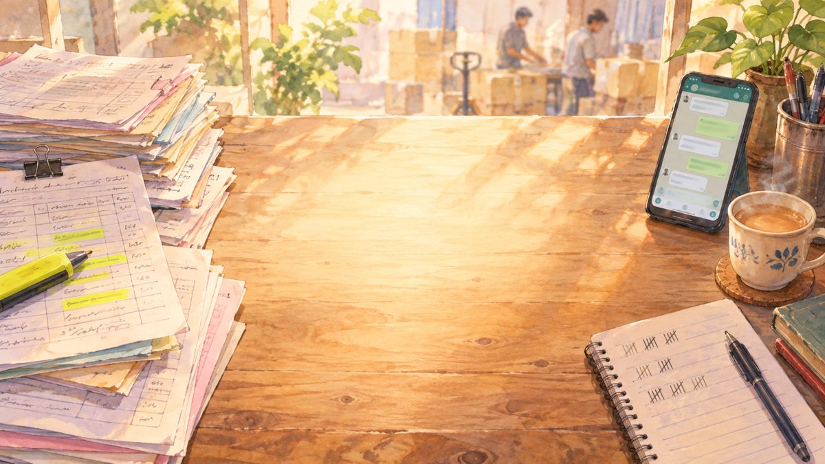 Painting of an office table with order slips, quote sheets, a highlighter and a phone showing WhatsApp orders