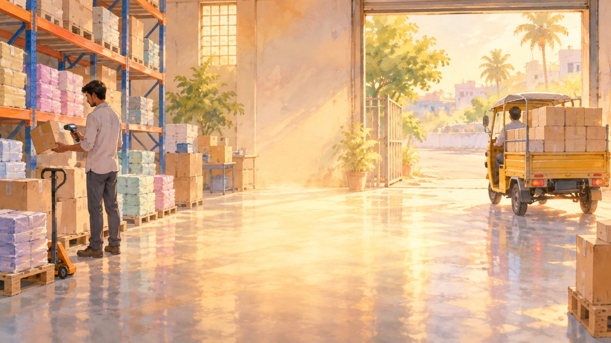 Painting of a loading bay: a worker scanning cartons and a goods auto leaving with deliveries